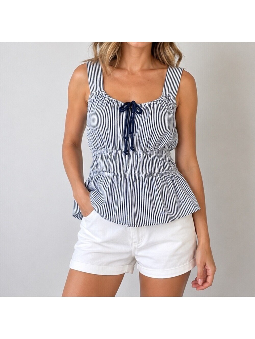 LOFT Blue White Striped Cotton Peplum Blouse XS Nautical Preppy Coastal Beach
